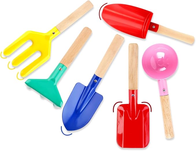 6 Piece Kids Gardening Tools, Children Beach Sand Box Toys, Made of Metal with Sturdy Wooden Handle, Safe Beach Gardening Set, Spoon, Fork, Rake & Shovel, Gifts for Kids