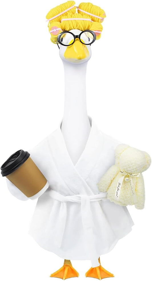 Lady Porch Goose Outfits,Bathrobe Porch Goose Statue Costume with Curlers Reading Glasses Coffee Cup Towel, Cute Goose Clothes for 23-Inch Cement Statue, Lawn Yard Garden Patio Decor(White)