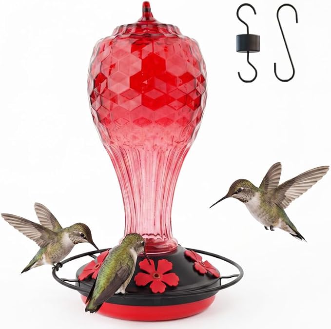 Hummingbird Feeder Colorful Blown Glass Outdoor Hummingbird Feeder with Ant Moat and 5 Feeding Ports for Outdoors Hanging Garden Decor, Bird Lovers (Red-3)