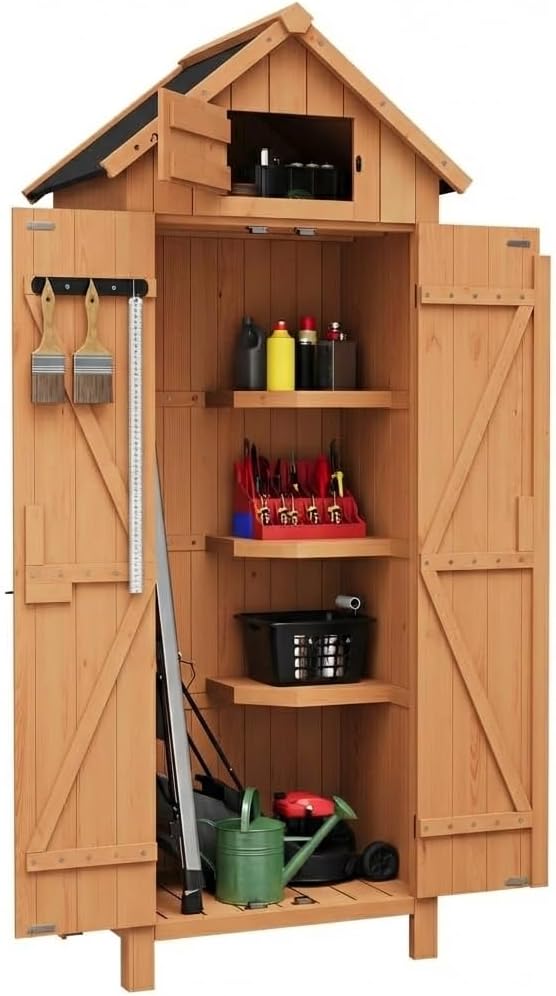 70" Tall Outdoor Storage Shed Cabinet - Vertical Garden Tools Organizer with Waterproof Roof, Lockable Doors & Shelves, Wooden Patio Storage for Yard, Deck, Lawn Equipment