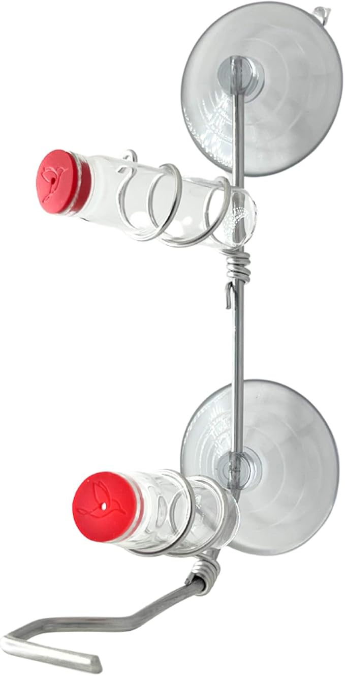Window Hummingbird Feeder | Handcrafted Copper and Aluminum | Multiple Stations | Modern Hummingbird Feeder | Home Décor | Glass Bottles | Suction Cups (Aluminum, Two Station)