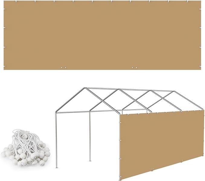 Carport Replacement Canopy Sidewall 20x6.6FT Fits 10x20,12x20,13x20,20x20FT Carport, Waterproof & UV Protected, with Ball Bungees (Only Sidewall, Frame Not Include) (Khaki, Sidewall 1 Pack)