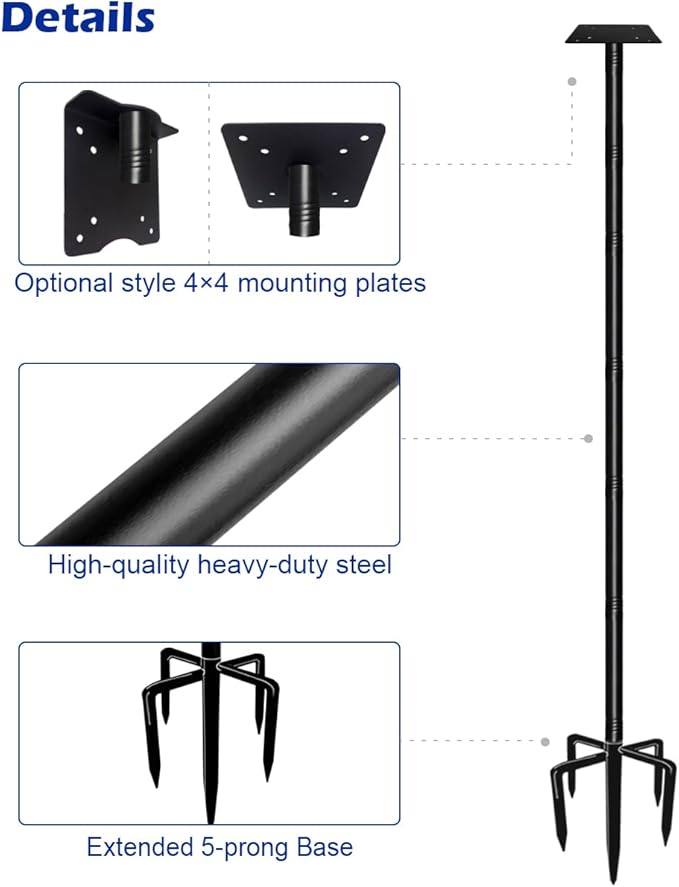 Garbuildman 105 Inch Bird Feeder Pole Kit, Heavy Duty Bird House Pole Set with 5-Forked Base, Adjustable Universal Mounting Post Kit for Outdoors, Matte Black, 1 Pack