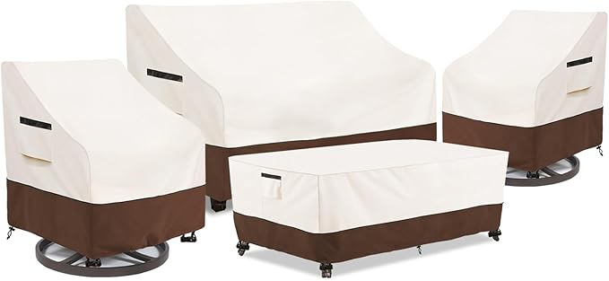 Patio Furniture Covers Set,4-Piece 600D Heavy Duty Waterproof Outdoor Furniture Cover for Patio Swivel Rocker Chairs,Loveseat and Coffee Table,Beige & Brown