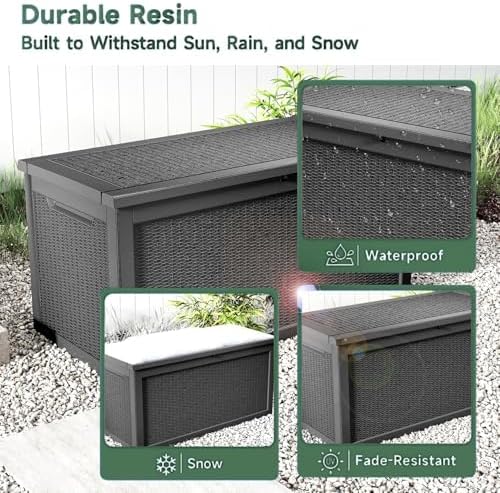 260 Gallon Deck Box, Waterproof Resin Rattan Outdoor Storage Box with Lockable Lid, Fade Resistant Patio Storage Box for Garden Tools, Pool Accessories, Outdoor Cushions, Black