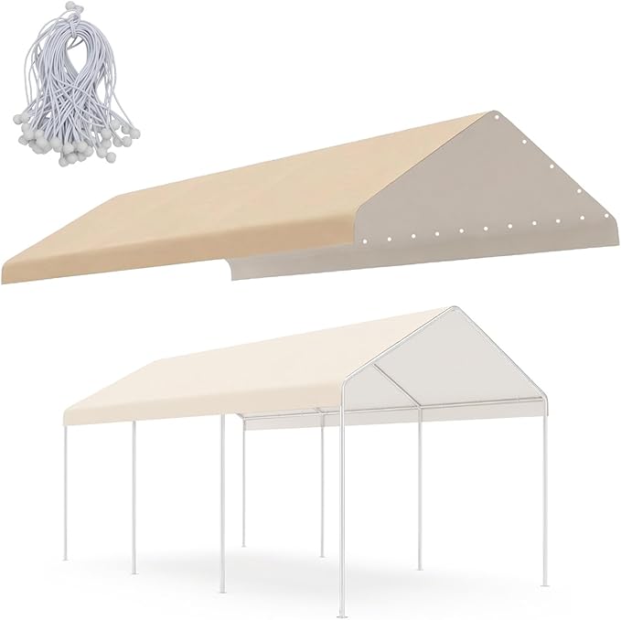 COWVIE 10 x 20 FT Carport Canopy Replacement Cover, with 46Pcs Long Ball Bungees, Waterproof Garage Top Tent Shelter Tarp, Only Top Cover