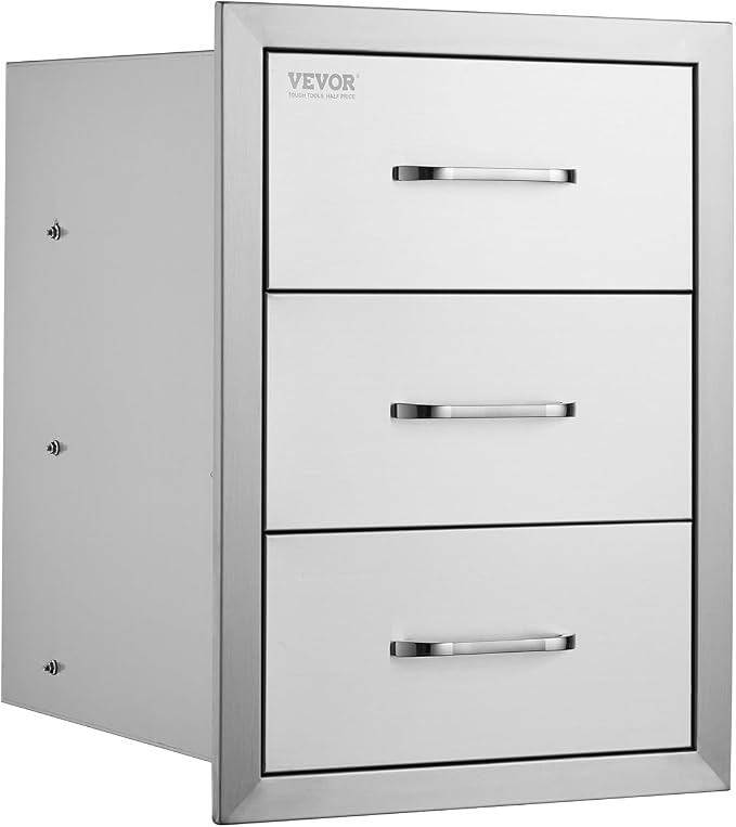 VEVOR Outdoor Kitchen Drawer 16" W x 21.5" H x 18" D, Outdoor Kitchen Cabinets, BBQ Drawer Stainless Steel, Flush Mount Triple Access, with Handle, BBQ Island, Outdoor Grill Patio Grill Station