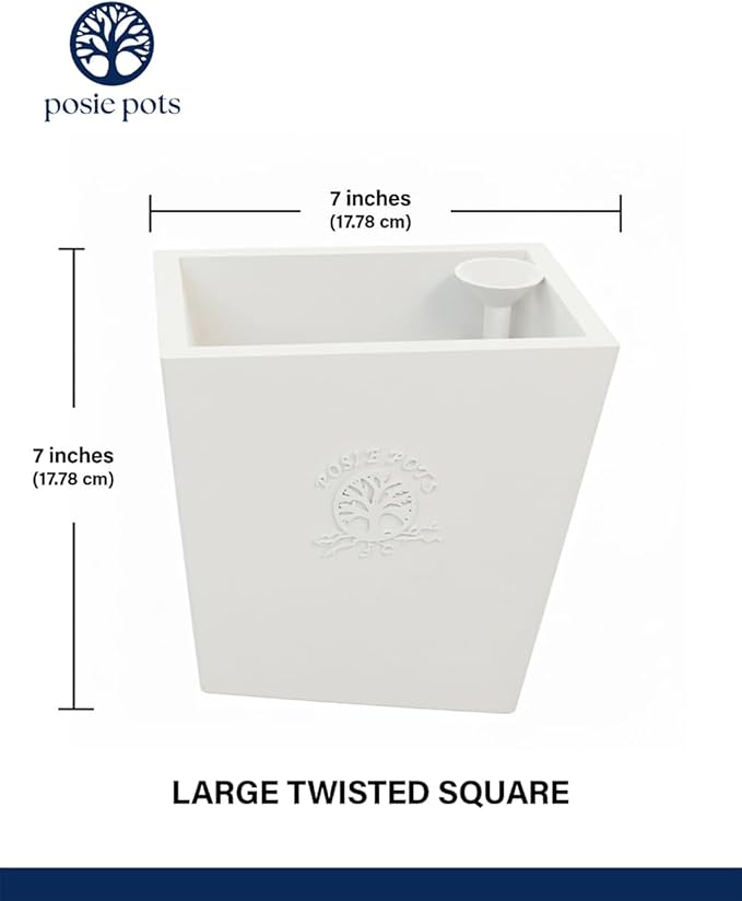 Posie Pot Large Twisted Square - Self Watering Planter 7x7 Inch - Indoor Plant Pot with 30 Day Reservoir - 3D Printed Bioplastic - No Guilt Plant Care - Made in USA, White