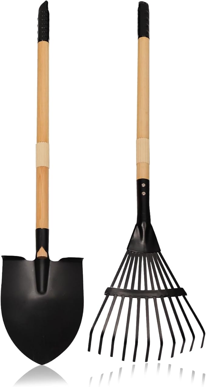 Kids Garden Tool Set, 2-Piece Rake and Shovel with Wooden Handles, 28 Inch Long, Black Metal Gardening Tools for Boys and Girls Digging Sand, Outdoor Toy Gifts for Sandbox