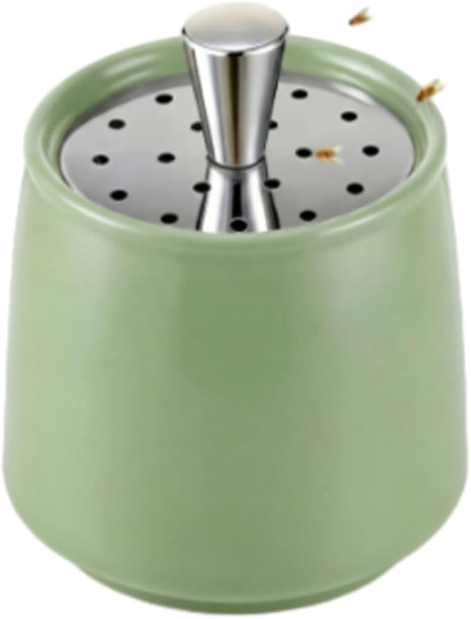 Ceramic Fruit Fly Trap for Indoors, Reusable Kitchen Fly Catcher with Stainless Steel Vent Lid, Uses Safe & Natural Vinegar Bait Trap, Dishwasher Safe, Easy to Use(Green,1 Pack)