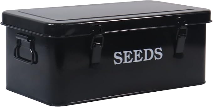 Seed Saving Box, Metal Seed Bin, Seed Storage Organizer, Seed Packet Container with Lid, Seed Envelope Storage Box, 4 Compartments Garden Seed Bin with Safety Locks-Black