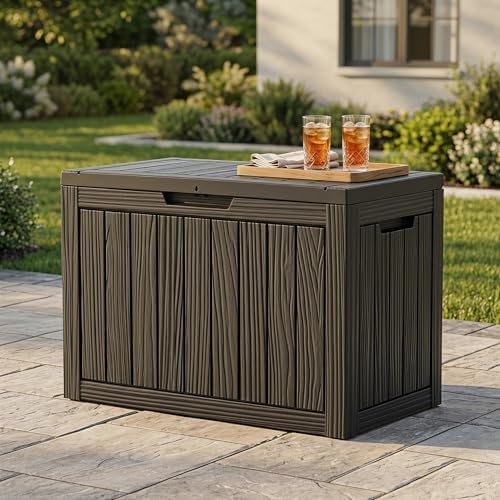 45 Gallon Deck Box, Waterproof Resin Outdoor Storage Box with Lockable Lid, Patio Storage Box Featuring Fade Resistant for Patio Furniture Cushions, Pool Accessories, Garden Tools, Black