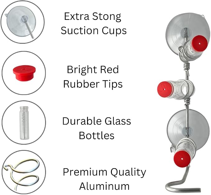 Window Hummingbird Feeder | Handcrafted Copper and Aluminum | Multiple Stations | Modern Hummingbird Feeder | Glass Bottle | Suction Cup (Aluminum, Three Station)