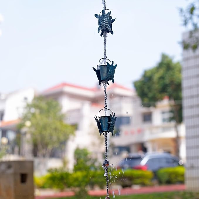 10 FT Rain Chains for Gutter, Rain Chain with 12 Turtle Shape Cups Adjustable Rain Catcher Chain for Gutters, Eaves, Drainage, Replacement for Downpout, Blue