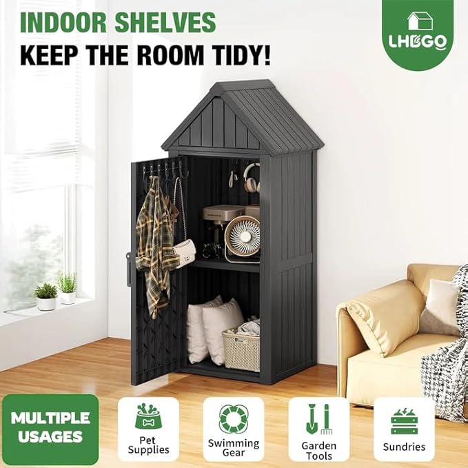 LHBGO Outdoor Storage Shed with Door & Shelf, Large Capacity Weatherproof Garden Tool Cabinet with Multiple Hooks for Backyard, Patio, Lawn（Black