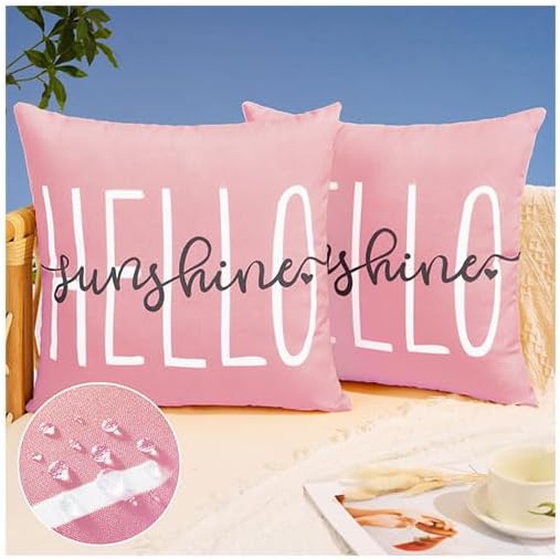 DFXSZ Outdoor Pillow Covers 18x18 Inch Set of 2 Hello Sunshine Decor Pink Waterproof Summer Outdoor Waterproof Pillow Covers Decor for Patio Funiture Garden Sofa Couch 020F18