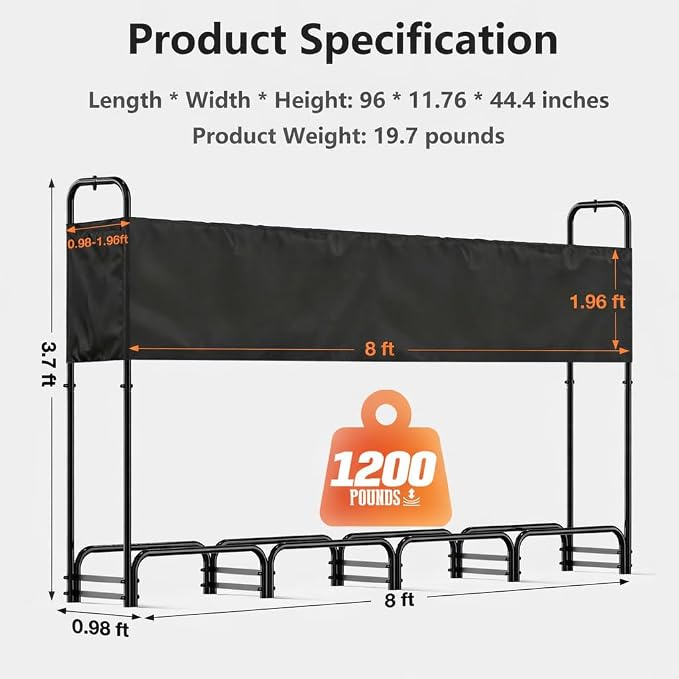 8FT Firewood Rack with Cover Outdoor, Heavy Duty Wood Storage Rack with 600D Oxford Waterproof Adjustable Cover for Fireplace, Patio, Deck, 1/2 Cord Log Holder with Firewood Carry Bag