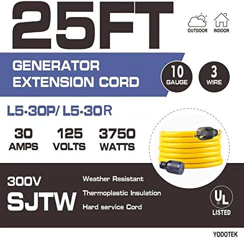 25FT Heavy Duty 3 Prong Generator Locking Power Cord NEMA L5-30P/L5-30R,10 Gauge SJTW Cable, 125V 30Amp Yellow Generator Lock Extension Cord with UL Listed