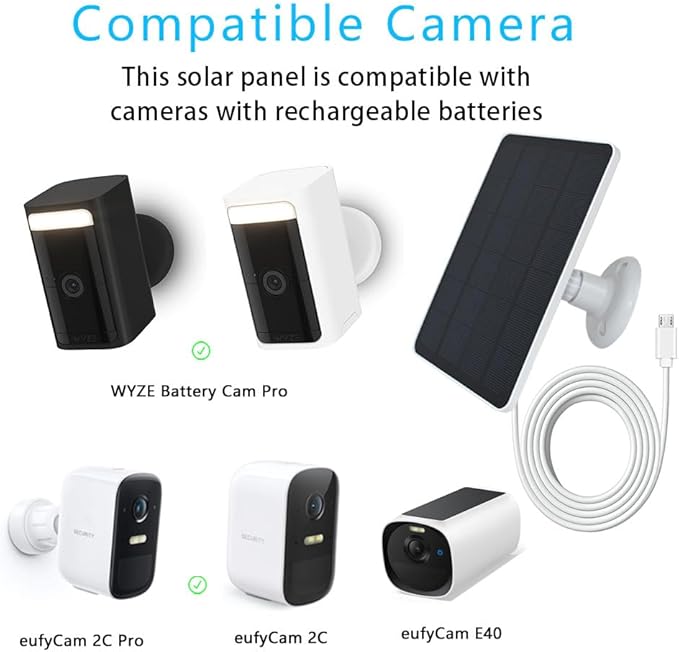 2 Pack Solar Panel Compatible with WYZE Battery Cam Pro, EufyCam 2C/2C Pro, 4W 5V Solar Panel with 10ft Micro USB Charging Cable for Outdoor Battery Camera, Tpye C Adapter, Adjustable Wall Mount