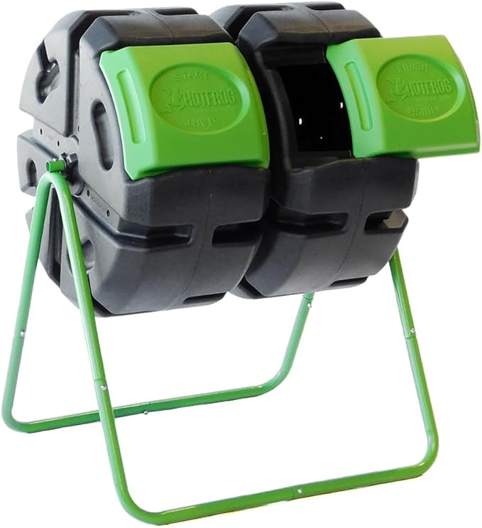 FCMP Outdoor HOTFROG 37-Gallon Dual-Chamber Tumbling Composter, Black/Green (HF-DBC4000) - UV-Inhibited, BPA-Free, Compost Bin for Garden, Easy-Turn Barrel with Aeration Vents