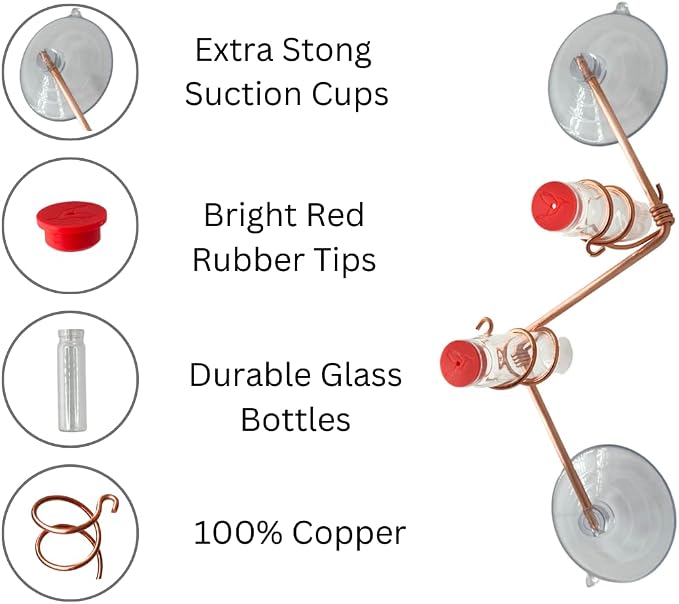 Geometric Window Hummingbird Feeder | Copper and Aluminum | Multiple Stations | Modern Hummingbird Feeder | Handcrafted | Home Décor | Glass Bottles | Suction Cups (Copper)
