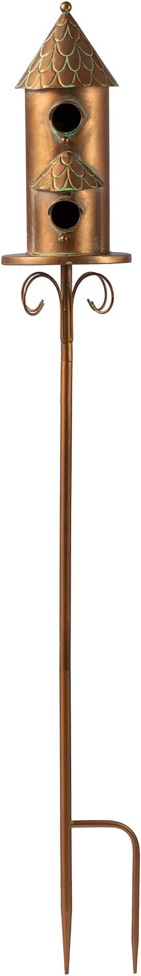Glitzhome Birdhouses for Outdoors, Bird Houses for Outside, 53" H Farmhouse Faux Copper 2-Tiered Distressed Metal Bird House Decorative Garden Birdhouse with Stake