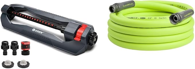 Eden 96213 Lawn & Garden Essential Oscillating Sprinkler | Water Sprinkler for Yard & Flexzilla Garden Hose 5/8 in. x 25 ft, Heavy Duty, Lightweight, Drinking Water Safe, ZillaGreen - HFZG525YW-E