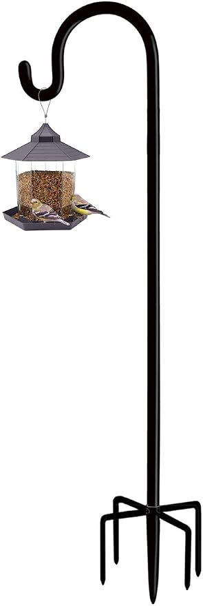 Adjustable Outdoor Shepherd Hook Stand with 5 Prong Base, 76 Inches Tall 3/5 in Thick, Shiny Black (1 Packs)