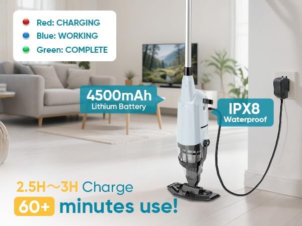 Cordless Pool Vacuum for Above Ground and Inground Pools, 18 GPM Powerful Suction Handheld Rechargeable Pool Cleaner with Versatile 4-Section Pole, 1H Runtime, Ideal for Leaves, Sand and Debris