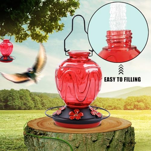 MCHBF Glass Hummingbird Feeders for Outdoor Hanging, 24 OZ Red and 25 OZ Green