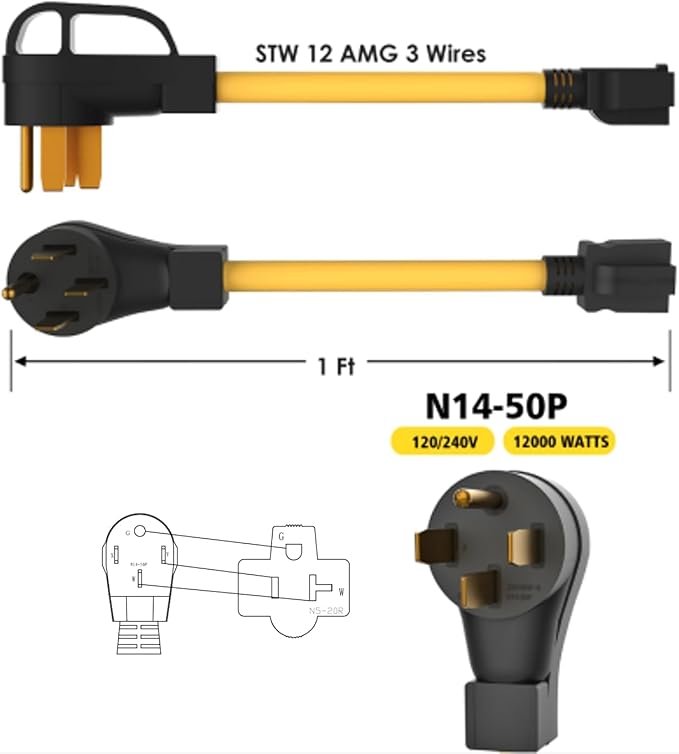 [240V to 120V] NEMA 14-50P to 5-15R/5-20R T-Blade Adapter 12AWG STW Copper Wires RV Generator Power Cord Adapter 50 Amp to 20 Amp 120V Devices