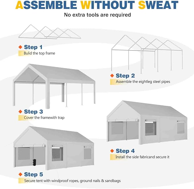 JAMFLY 12x20 ft Carport, Heavy Duty Carport with Roll-up Windows, Portable Garage with Removable Sidewalls & Doors, Car Canopy with Sandbags and All-Season Tarp for Car, Truck, Boat, Motorcycle, White