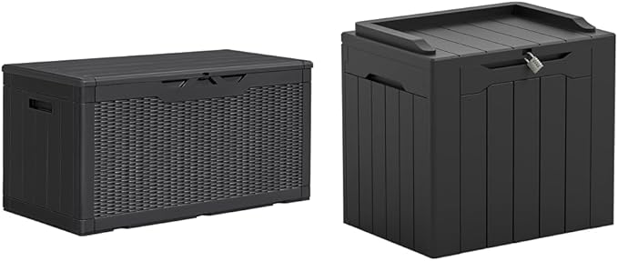 Greesum 100 & 31 Gallon Black Resin Lockable Deck Boxes for Outdoor Storage