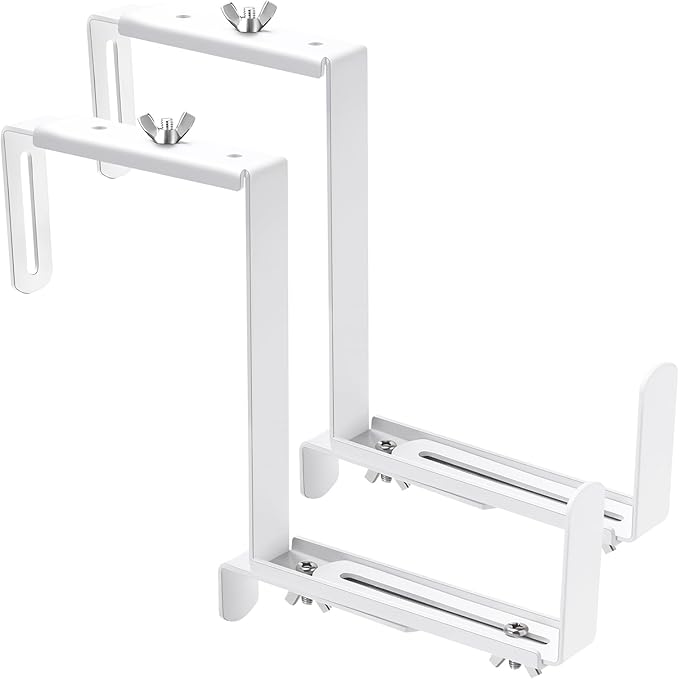 VIVIKEN Planter Box Brackets, Adjustable Flower Box Brackets for Deck Railing, 2 Pack No Drill Window Box Bracket for Outdoor Planters-White