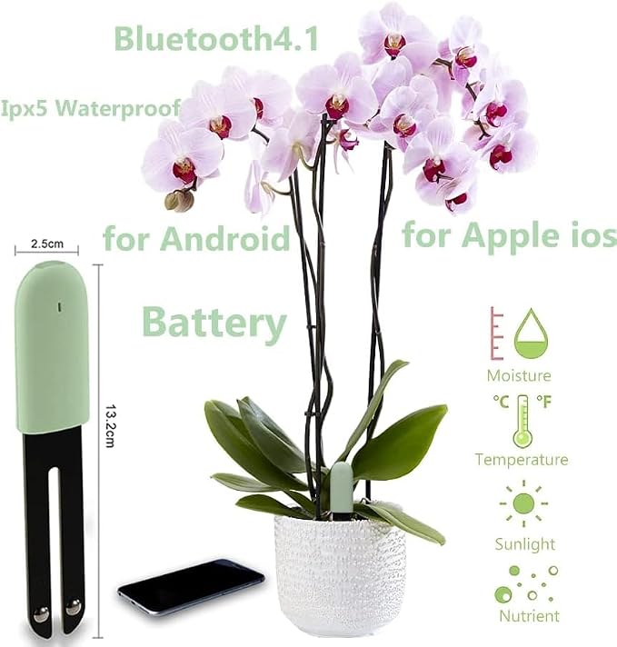 Soil Moisture Meter 4 in 1 for HHCC, Plant Water Monitor, Automatically detects Moisture/Temperature/Light/Fertility, Can Connect to Mobile Phone via Bluetooth, Plants Sensor for Indoor (Green - 1pcs)
