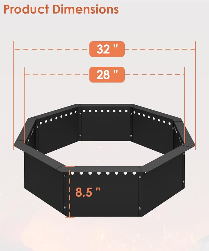 Mocomax Smokeless Fire Pit Ring 32-Inch Outer 28-Inch Inner Diameter, Large Solid Steel Firepit Liner for Outside Wood Burning, DIY Campfire Ring Above or In-Ground for Outdoor, Octagonal