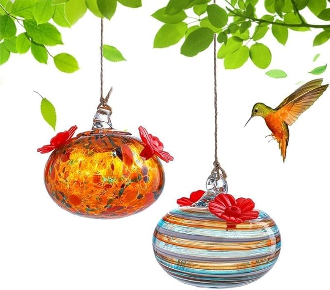 2pcs Blown Glass Hummingbird Feeders for Outdoors 3.2in Hanging Glass Humming Bird Feeders for Window Patio Decor with 2 Flower Feeding Ports