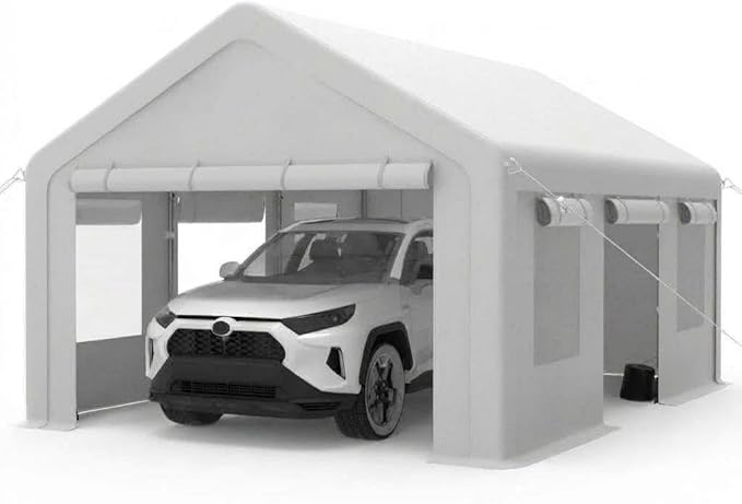 12x20Ft Heavy-Duty Carport, Portable Garage Tent with 2 Roll-Up Doors & 4 Windows, Waterproof & UV-Resistant, All Weather Outdoor Car Port for Pickups, Bass Boats, Tractors, and SUVs, White