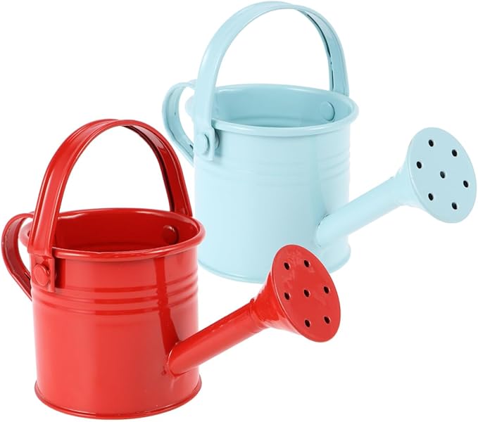 Kids Watering Can Metal Small Watering Can for Indoor Plants, Iron Mini Water Bottle for Garden Yarde Home Plants Flower Bonsai Pots (Red and Light, 2PCS)