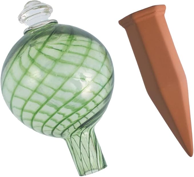 Plant Nanny Spiral Fluted Watering Globe & Stake Set (24 oz, Green)