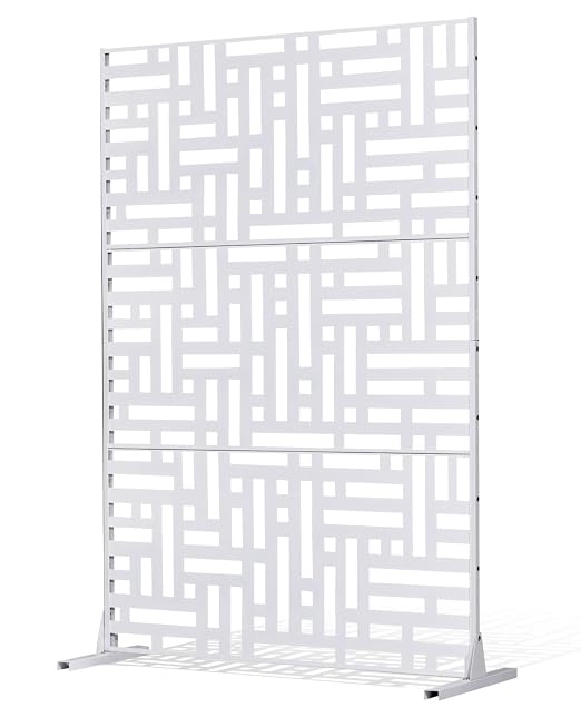 VEVOR Metal Privacy Screen, 47" W x 76" H Outdoor Privacy Screens 3-Panel, Freestanding Outdoor Divider with Stand, Decorative Garden Steel Privacy Fence for Balcony Patio Indoor Room Hot Tub White