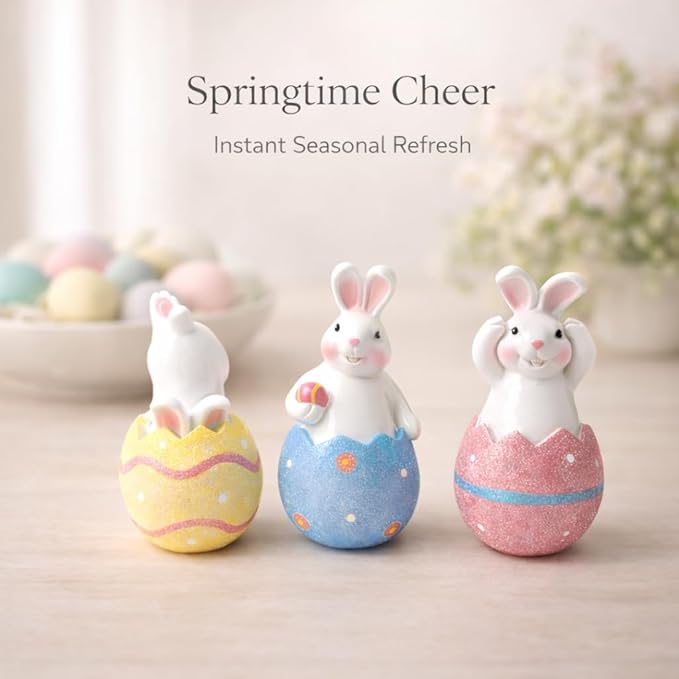 GoGnome 3-Pack Easter Decorations Resin Bunny in Cracked Egg Shell Figurines 5.1''H – Spring Tabletop & Mantel Decor, for Home (Blue/Yellow/Pink)