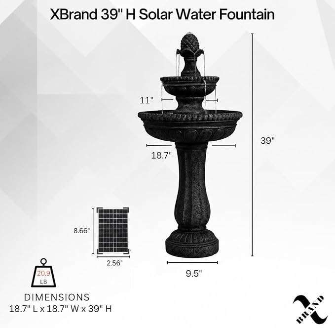 XBrand 39" 2-Tier Outdoor Freestanding Solar Water Fountain - Classic Design, Black Resin Bird Bath with Pump - Ideal for Yard, Lawn and Garden, Porch Décor