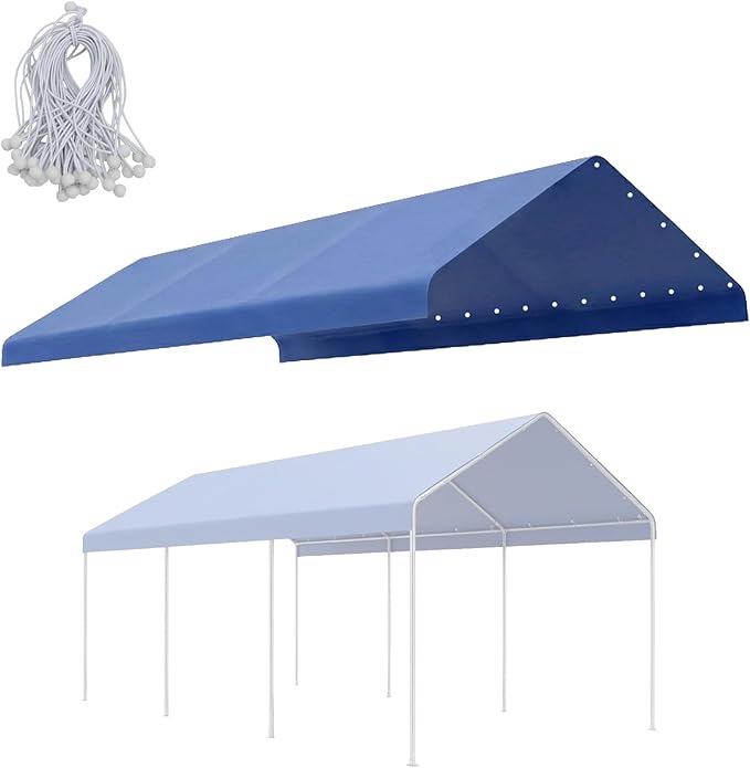 COWVIE 10 x 20 FT Carport Canopy Replacement Cover, with 46Pcs Long Ball Bungees, Waterproof Garage Top Tent Shelter Tarp, Only Top Cover