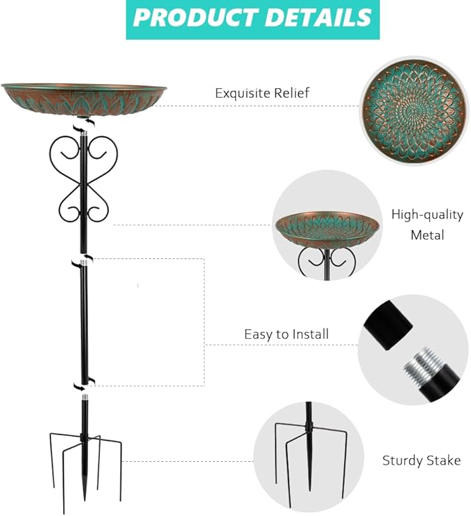 Metal Bird Bath for Outside,Garden Bird Baths for Outdoors,Standing Birdbaths & Birdfeeder with Cast Iron Bowl for Garden Patio Yard Lawn Decor