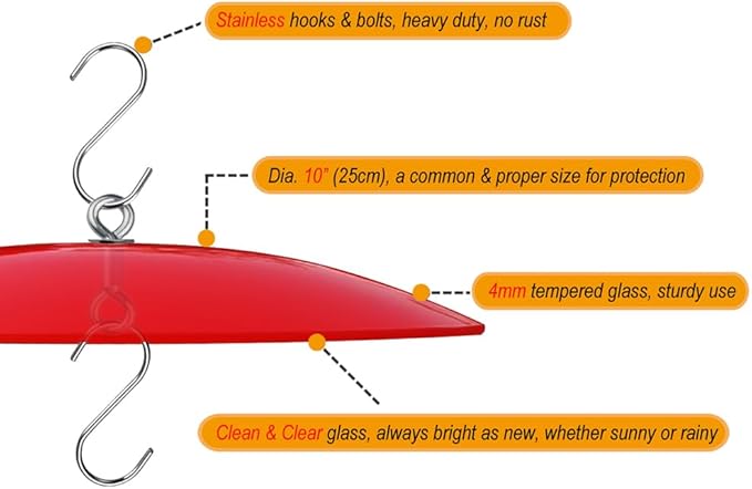 10" Glass Rain Cover for Wild Bird Feeder Outdoors - Weather Guard S Hook Hanging - Protective Dome Baffle - Red (Dia. 25CM)