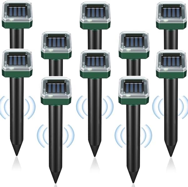 Solar Powered Ultrasonic Mole Repellent 10 Pack, IP44 Waterproof Outdoor Sonic Spikes for Snakes, Gophers, Voles, Groundhogs - Effective Deterrent for Lawns, Gardens, Yards & Farms