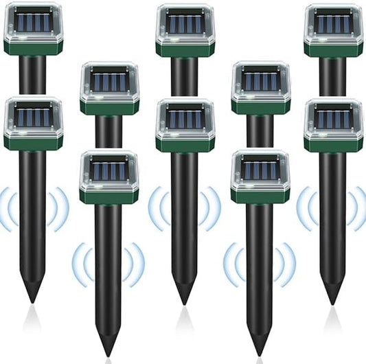 Solar Powered Ultrasonic Mole Repellent 10 Pack, IP44 Waterproof Outdoor Sonic Spikes for Snakes, Gophers, Voles, Groundhogs - Effective Deterrent for Lawns, Gardens, Yards & Farms
