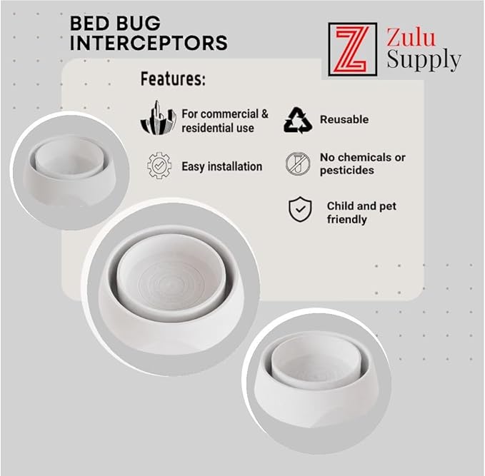 Bed Bug Interceptor Traps – White 4-Pack Passive Monitor & Detection Trap – Universal Fit for Bed & Furniture Legs – Reusable Non-Climbable Wall Pest Control Protection (White 4-Pack)