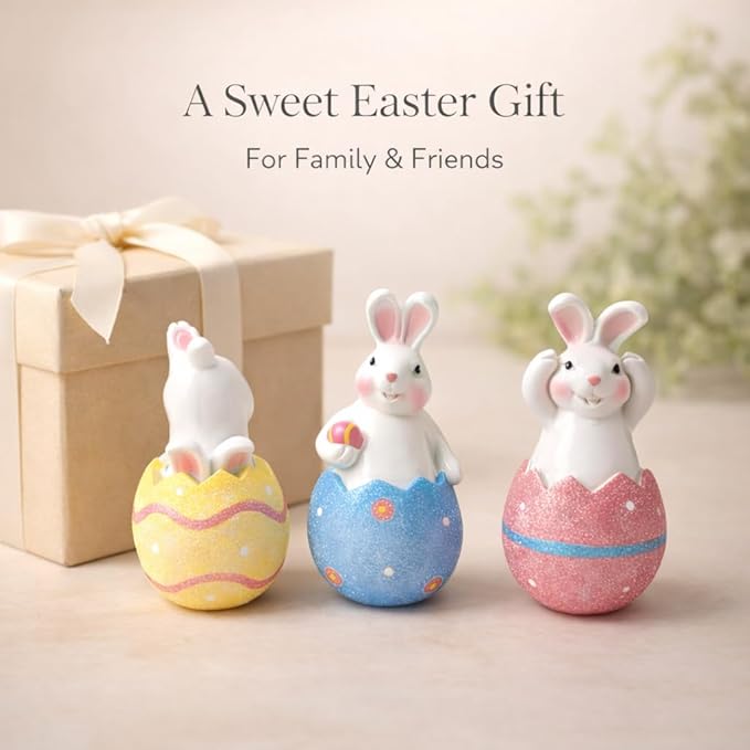 GoGnome 3-Pack Easter Decorations Resin Bunny in Cracked Egg Shell Figurines 5.1''H – Spring Tabletop & Mantel Decor, for Home (Blue/Yellow/Pink)